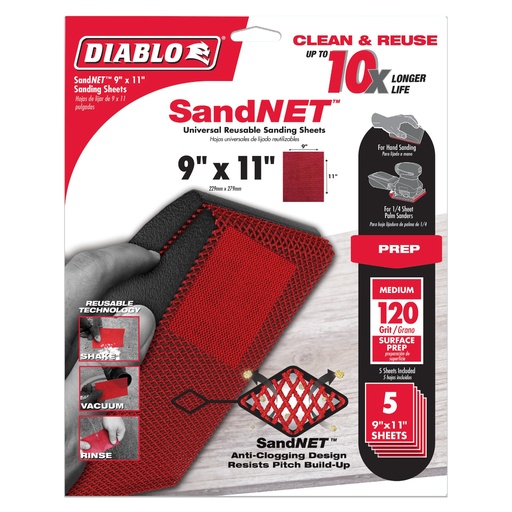 [DND911120H05G] Diablo SandNet 11 in. L X 9 in. W 120 Grit Ceramic Sanding Sheet 5 Pk