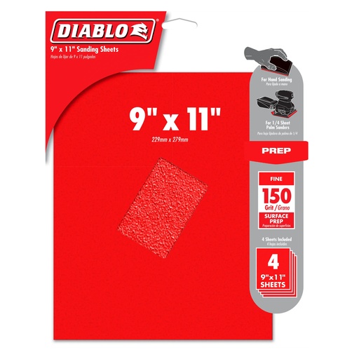 [DCS911150S04G] Diablo 9 in. L X 11 in. W 150 Grit Aluminum Oxide Sanding Sheet 4 Pk