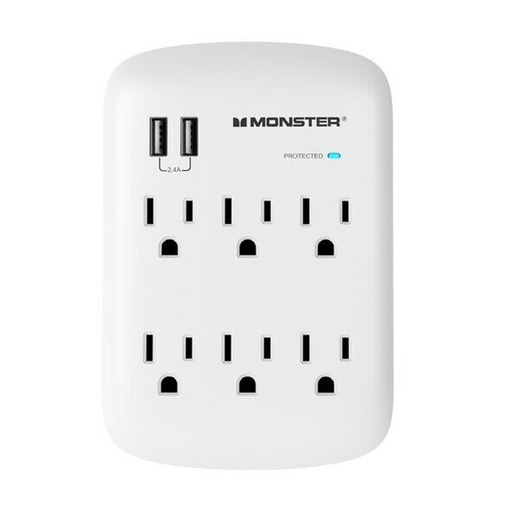 [3001089] Monster Just Power It up 0 Ft. L 6 Outlets Wall Tap Surge Protector W/USB White 1200 J