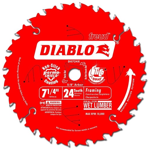 [D0724X] Diablo Tracking Point 7-1/4 in. D X 5/8 in. TiCo Hi-Density Carbide Saw Blade 24 Teeth 1 Pk