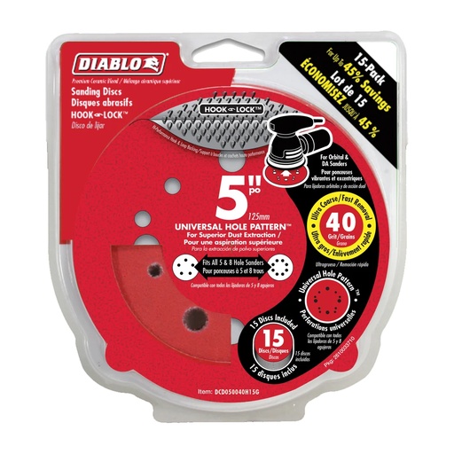 [DCD050040H15G] Diablo 5 in. Ceramic Blend Hook and Lock Sanding Disc 40 Grit Ultra Coarse 15 Pk