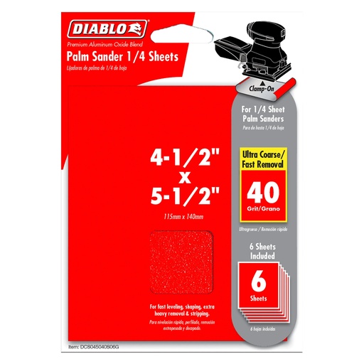[DCS045040S06G] Diablo 5-1/2 in. L X 4-1/2 in. W 40 Grit Aluminum Oxide 1/4 Sheet Sandpaper 6 Pk
