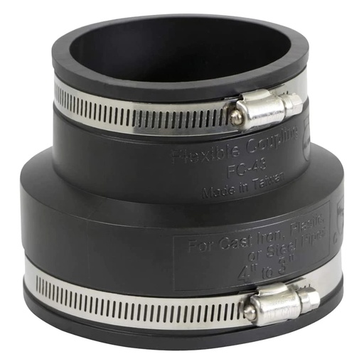 [490001257] Supply Giant 6I58 Flexible Pvc Reducing Coupling with Stainless Steel Clamps, 4" X 3", Black