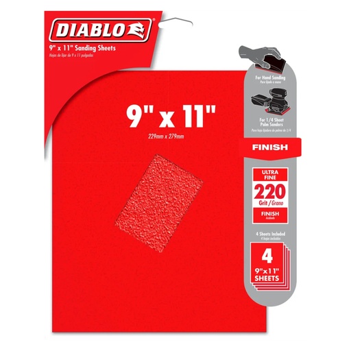 [DCS911220S04G] Diablo 9 in. L X 11 in. W 220 Grit Aluminum Oxide Sanding Sheet 4 Pk