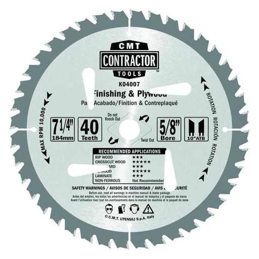 [K04007] CMT K04007 ITK Contractor Finishing Saw Blade, 7-4 X 40 Teeth, 10° ATB with 5/8-Inch Bore