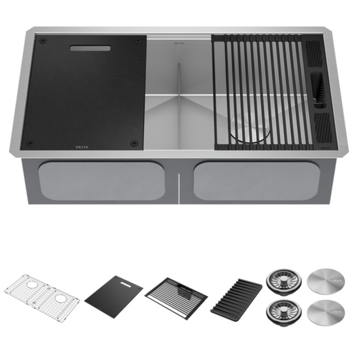[95B931-33D-SS] Delta 95B931-33D Rivet 33” Workstation Kitchen Sink Undermount   Stainless Steel 50/50 Double Bowl with WorkFlow Ledge and Accessories
