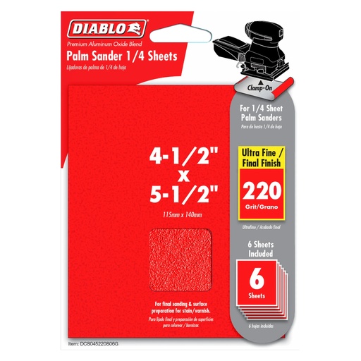 [DCS045220S06G] Diablo 5-1/2 in. L X 4-1/2 in. W 220 Grit Aluminum Oxide Sanding Sheet 6 Pk