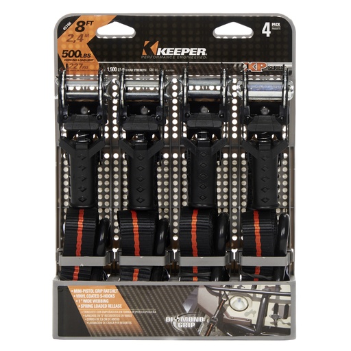 [8867095] Keeper 1 in. W X 8 Ft. L Black/Orange Ratchet Tie Down Strap 500 Lb 4 Pk