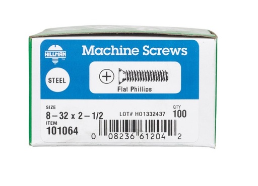 [101064] HILLMAN No. 8-32 Ga. X 2-1/2 in. L Phillips Flat Head Zinc-Plated Steel Machine Screws 100 Pk
