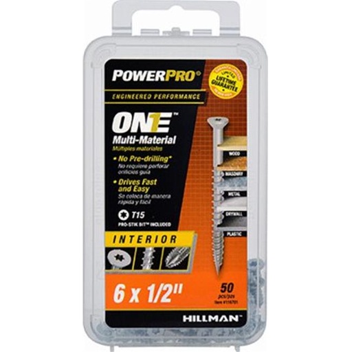 [116701] HILLMAN Power Pro No. 6 Ga. X 1/2 in. L Star Flat Head Coarse Multi-Material Screws