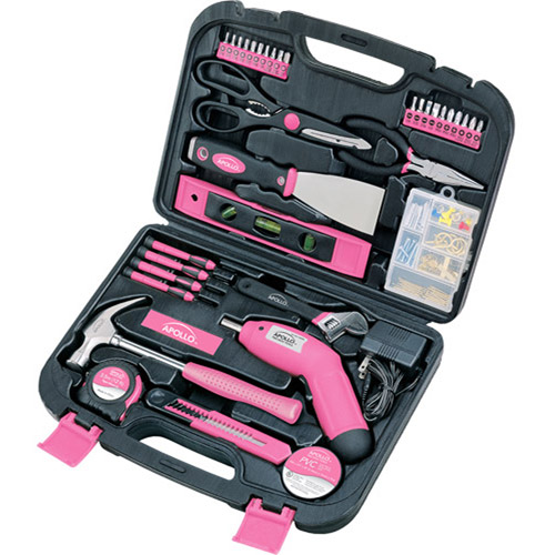 [2369692] Apollo Tools 135pc Household Tool Kit DT0773N1 Pink: Women's Tool Set with Chrome-Plated Hardware & Carrying Case