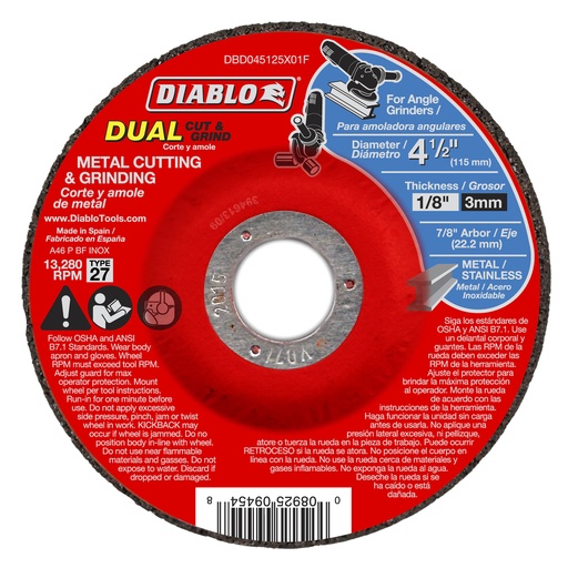[2799369] Diablo 4-1/2 in. D X 7/8 in. Aluminum Oxide Metal Dual Cut and Grind Disc 1 Pk