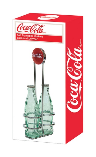 [6391809] TableCraft Coca-Cola Clear Glass/Steel Salt and Pepper Shakers W/Rack 1 Oz