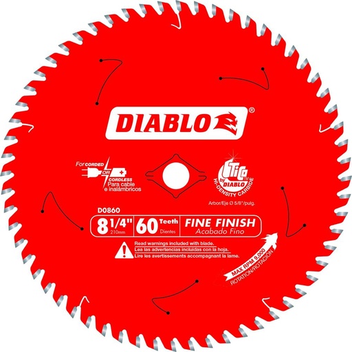 [D0860X] Diablo 8-1/4 in. D X 5/8 in. TiCo Hi-Density Carbide Circular Saw Blade 60 Teeth 1 Pk