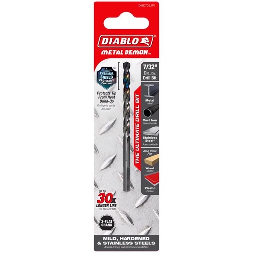 [DMD732JP1] Diablo Metal Demon 7/32 in. X 3.7 in. L Stainless Steel Drill Bit 3-Flat Shank 1 Pc