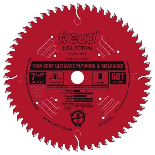 [LU79R007] Freud 7-1/4 in. X 60T Thin Kerf Ultimate Plywood & Melamine Blade - LU79R007