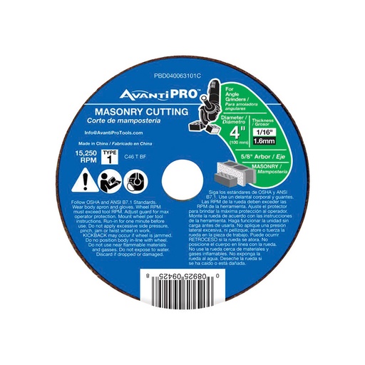 [PBD040063101C] Avanti Pro 4 in. D X 5/8 in. Aluminum Oxide Masonry Cut-Off Disc