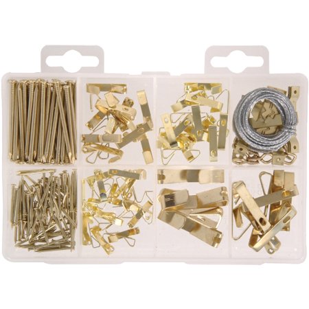 [130251] Hillman 10lbs-100lbs Picture Hanging Kit: Steel Hooks & Hangers, Gold, 206 Pieces, Picture Hooks & Hangers