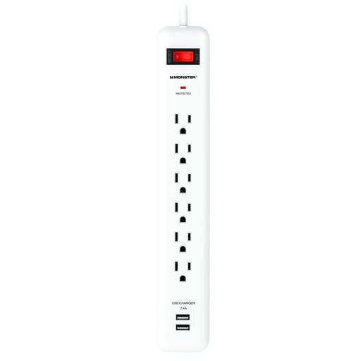 [3001100] Monster Just Power It up 3 Ft. L 6 Outlets Surge Protector W/USB White 1080 J