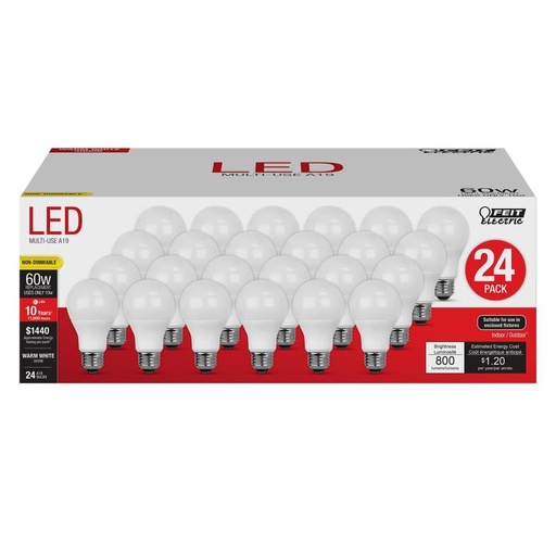 [3008689] Feit A19 E26 (Medium) LED Bulb Soft White 60 Watt Equivalence 24 Pk