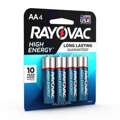 [3463445] Rayovc High Energy 4pk Alkaline AA Battery: Household Batteries, 1.5V Output, Non-Rechargeable