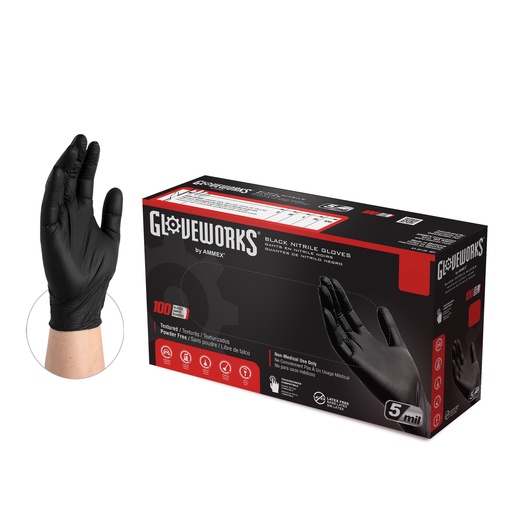 [6204390] Ammex 9.5 in. Long 5 Mil Powder-Free Industrial Nitrile Gloves - Large/Black (1000/Carton)