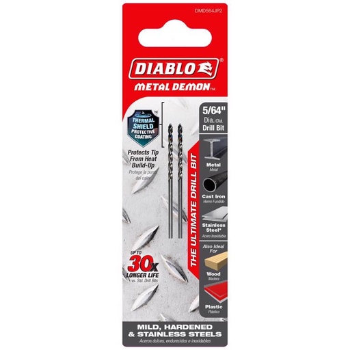 [DMD564JP2] Diablo Metal Demon 5/64 in. X 1.9 in. L Stainless Steel Drill Bit 3-Flat Shank 2 Pc