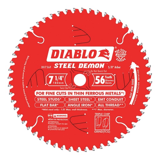 [D0756F] Diablo Steel Demon 7-1/4 in. D X 5/8 in. TiCo Hi-Density Carbide Metal Saw Blade 56 Teeth 1 Pk