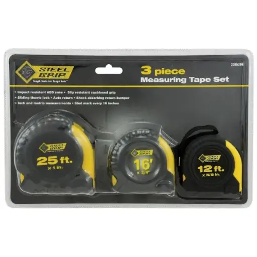 [2402618] [Case of 3] Steel Grip 25 Ft. L X in. W Tape Measure Black/Yellow XD130211