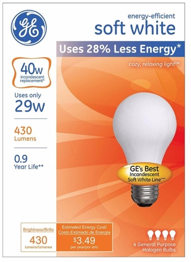 [3406592] BULB HAL A19 29W SW 4PK