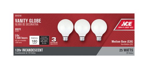 [3515210] Ace 25 Watts G25 Globe Incandescent Light Bulb Medium Base (E26) White 3 Pk