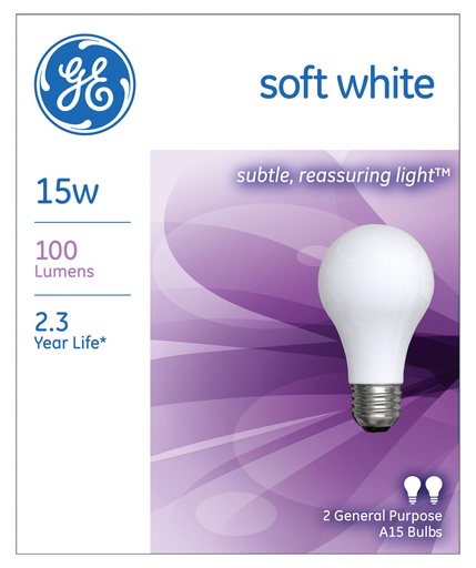 [35503] GE 15W Soft White A15 Light Bulbs, Standard Base, 2 Ct
