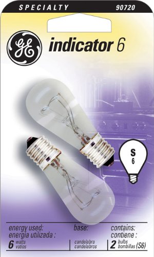 [35582] Indicator Bulb, 6 W, S6 Lamp, E12 Candelabra Lamp Base, 1500 Hr Average Life, 2PK