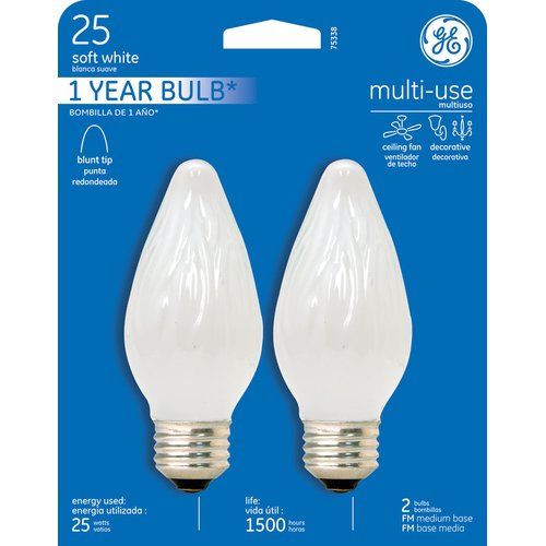 [35672] Ceiling Fan Bulb, 25 W, F15 Lamp, E26 Medium Lamp Base, 100 Lumens, 2400 K Color Temp