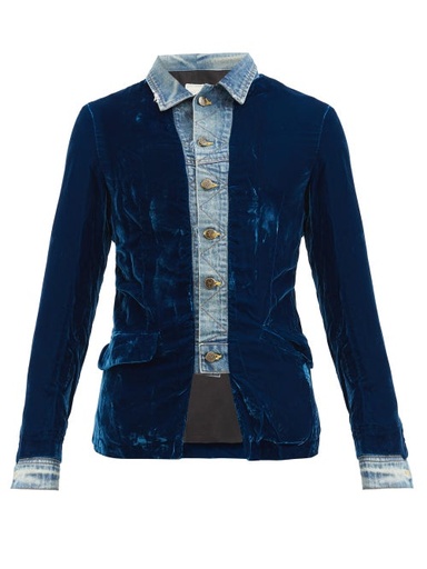 [380008920] Greg Lauren - Velvet Trucker Front Deconstructed Jacket - Mens - Blue