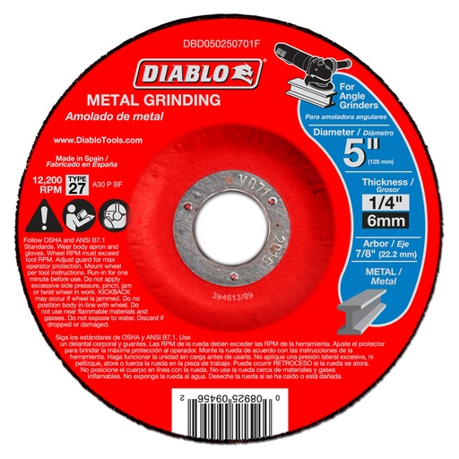 [DBD050250701F] Diablo 5 in. D X 7/8 in. Aluminum Oxide Metal Grinding Disc 1 Pc