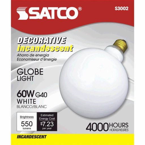 [S3002] BOMB. SATCO 60W  G-40  WHITE
